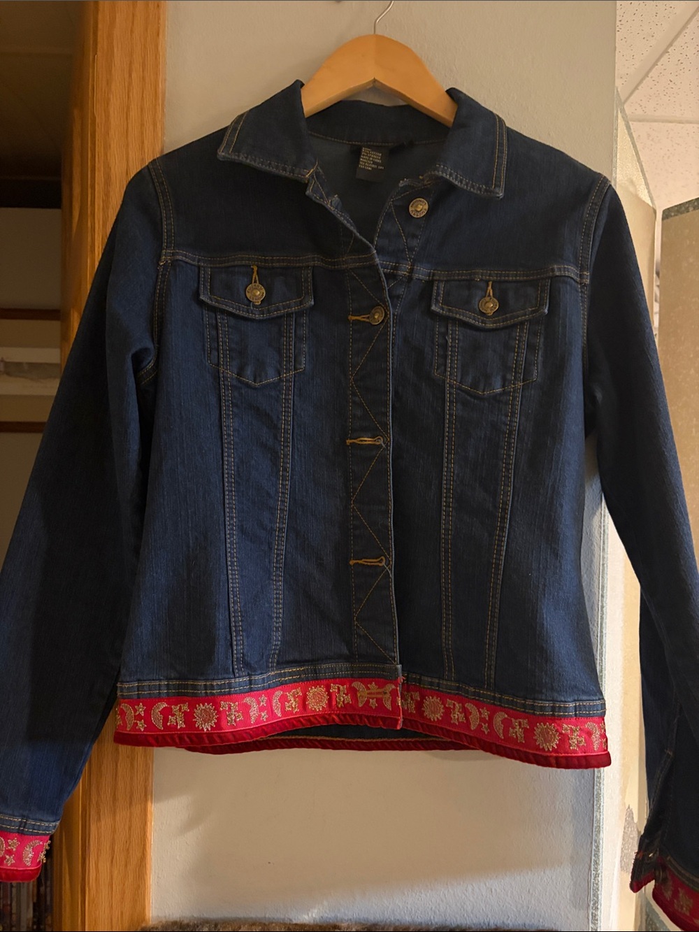 twiggy LONDON Dark Blue Denim Jacket with Red Embroidered Hem